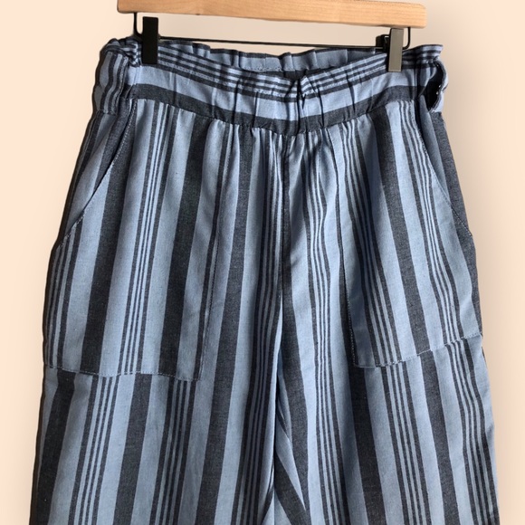 Ci Sono Linen Collection Blue Striped Paperbag Wide Leg Palazzo Casual Pants M - Picture 2 of 9